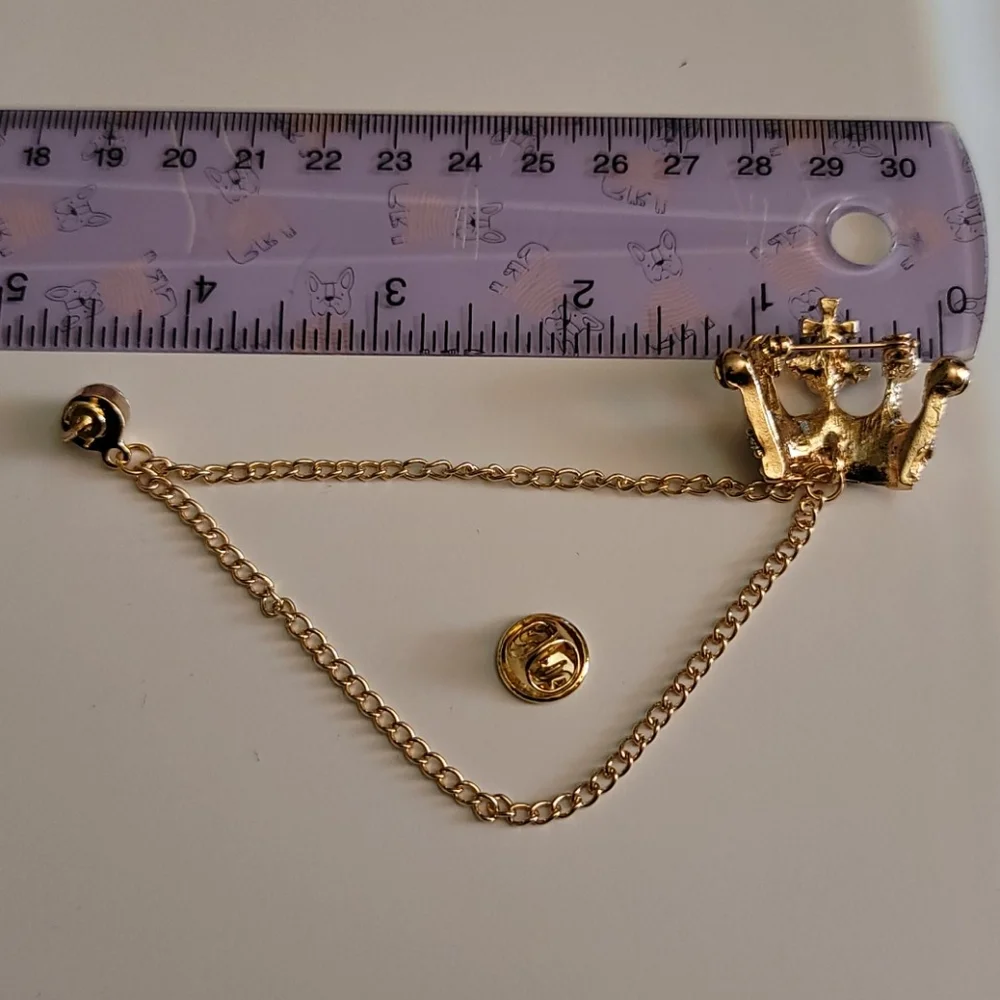 Crown Gold Tone With Rhinestones Unisex Chained Decor Brooch